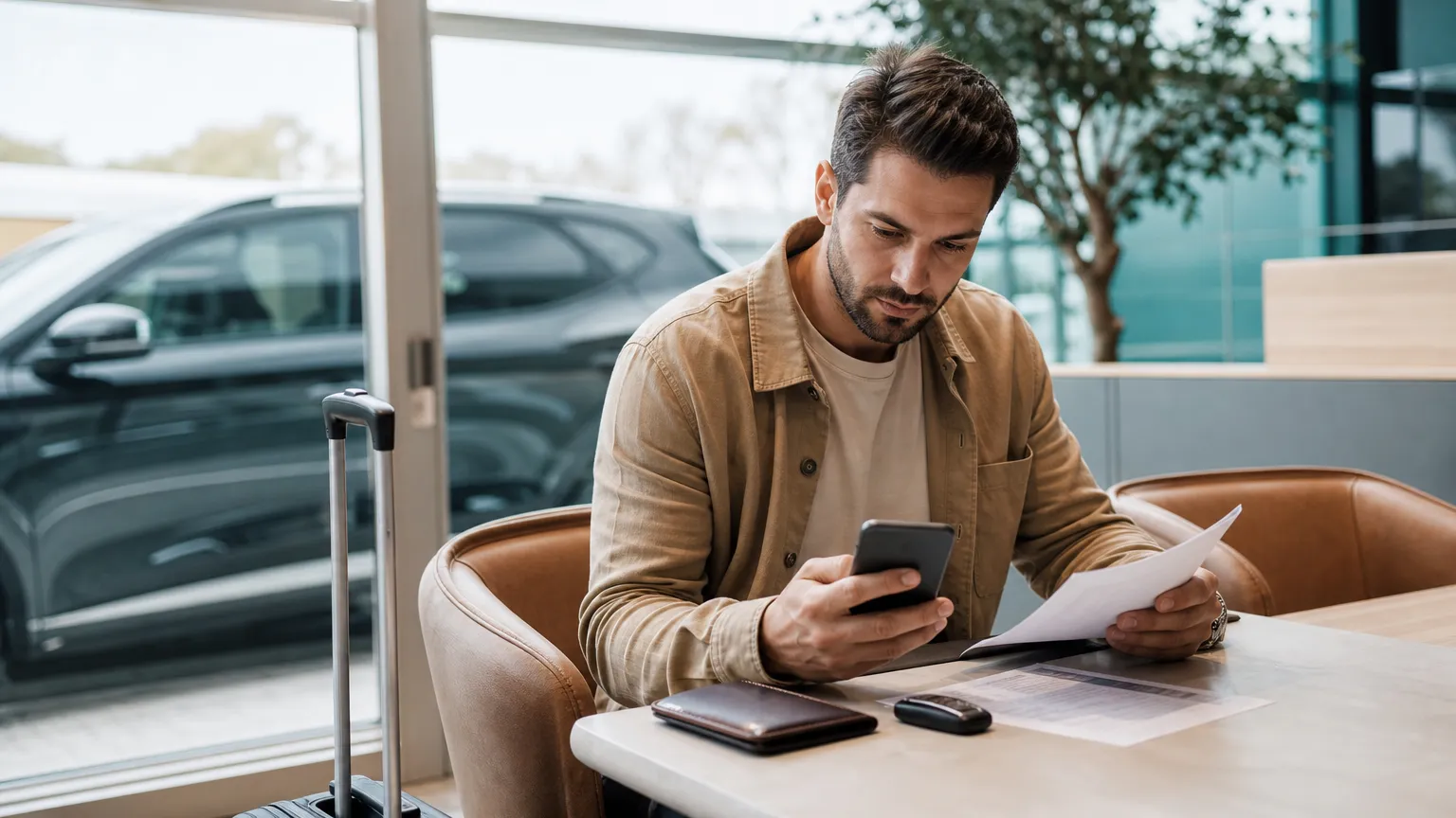 Person checking documents and a phone