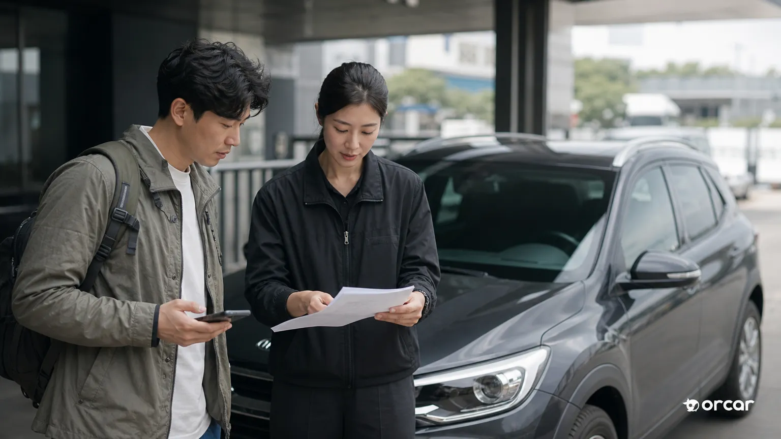 차량 옆에서 안내를 받는 여행자