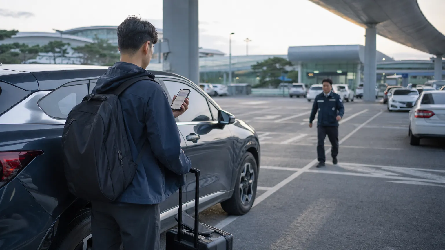 Traveler receiving assistance beside a car