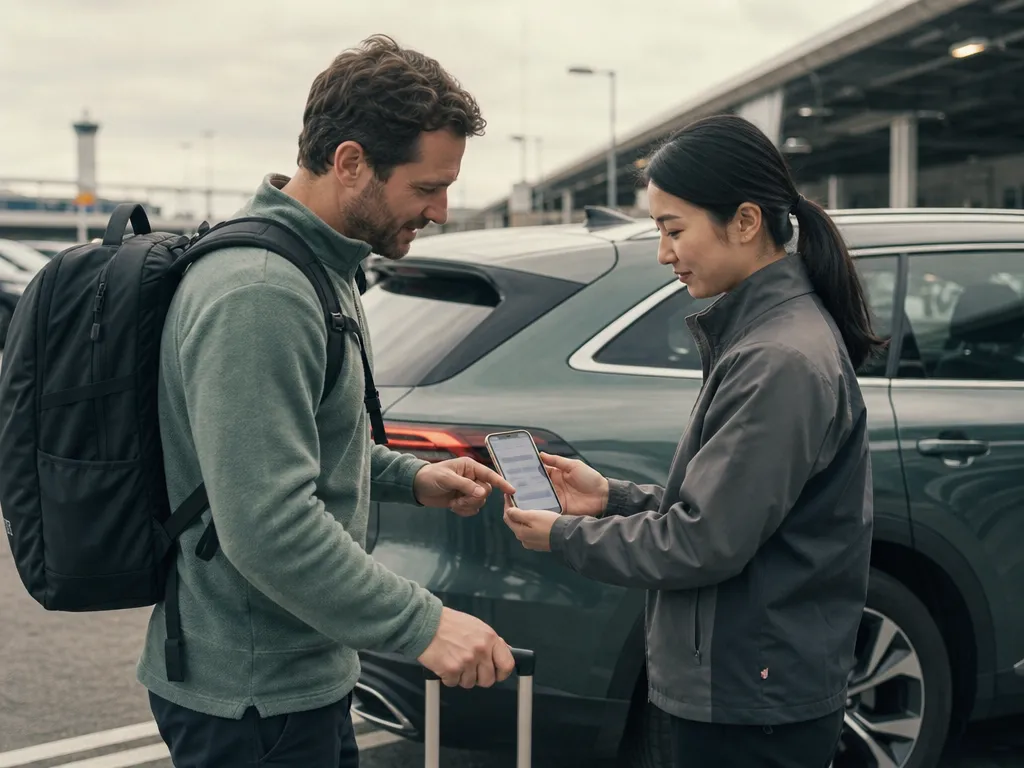 Traveler receiving assistance beside a car