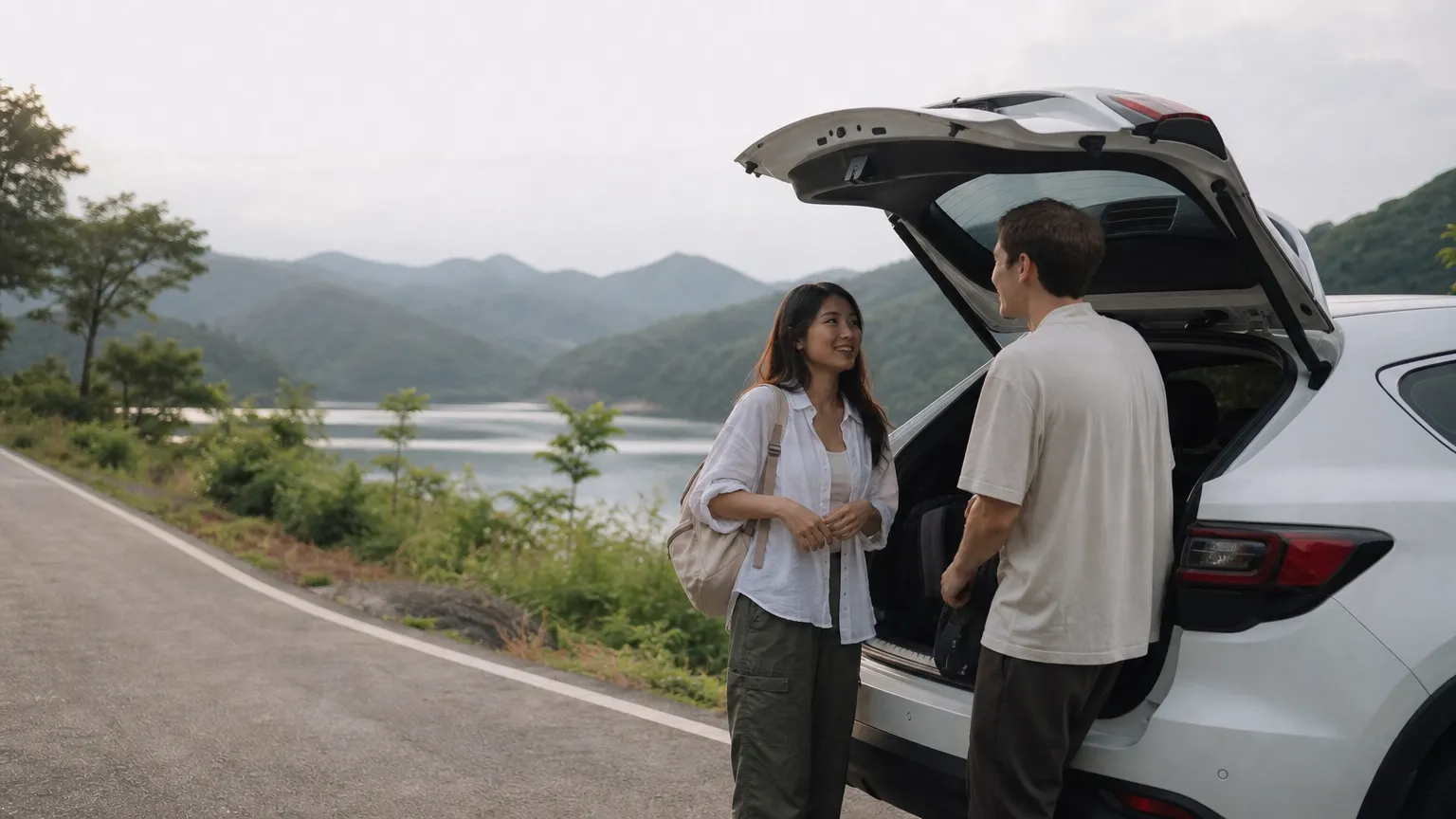 Viajeros conversando junto a un coche