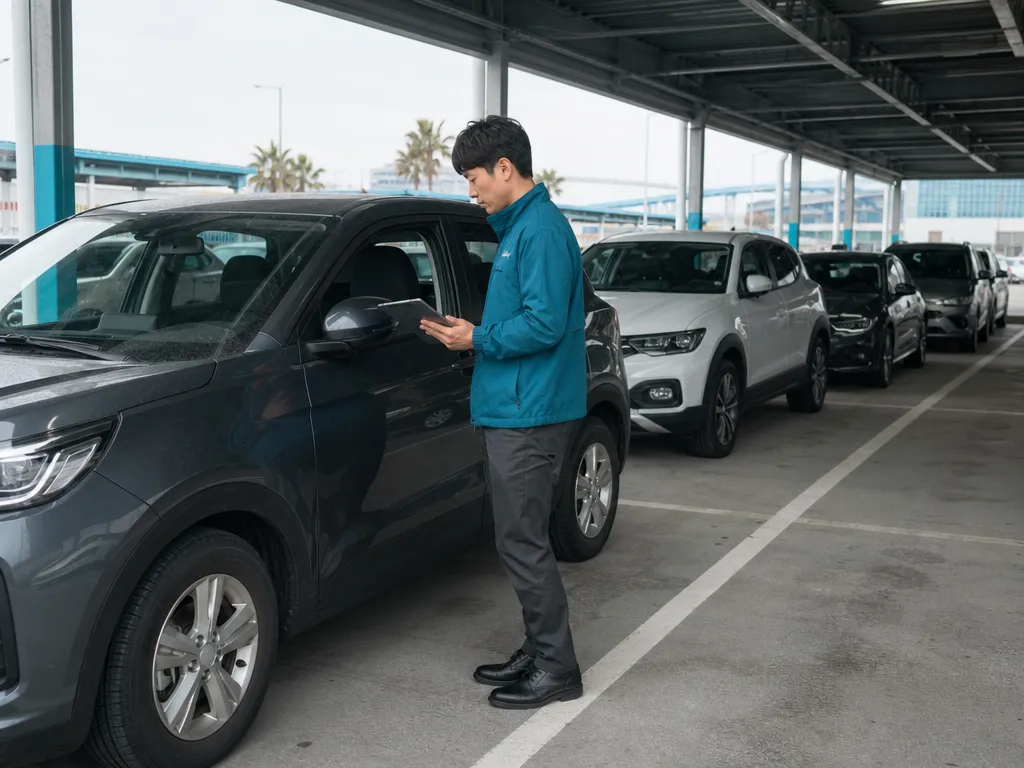Persona revisando un coche aparcado