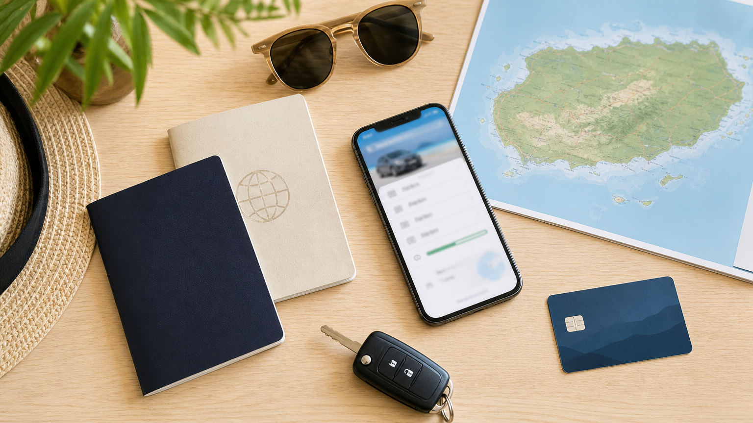 Jeju car rental booking checklist with passport, international driving permit, card, phone confirmation, and car key
