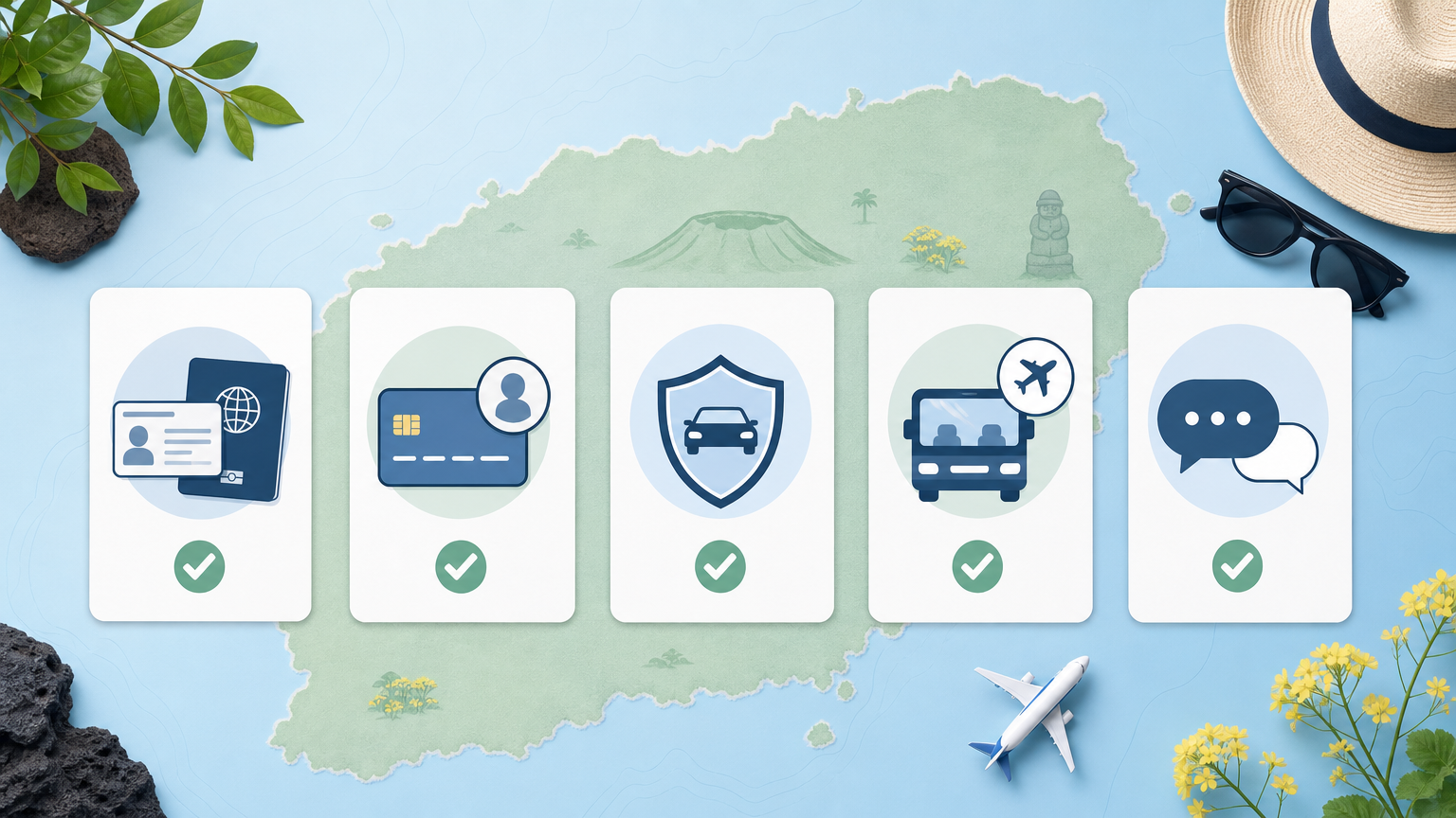 Foreigner-ready Jeju car rental checklist showing IDP, driver-name card, insurance, airport pickup, and multilingual support