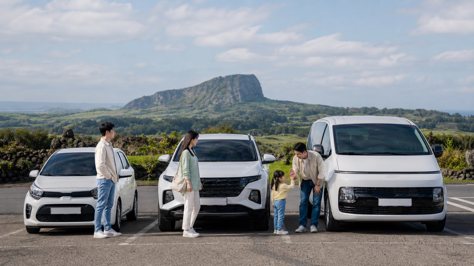 Opciones de alquiler de coche compacto, SUV y furgoneta alineadas en Jeju