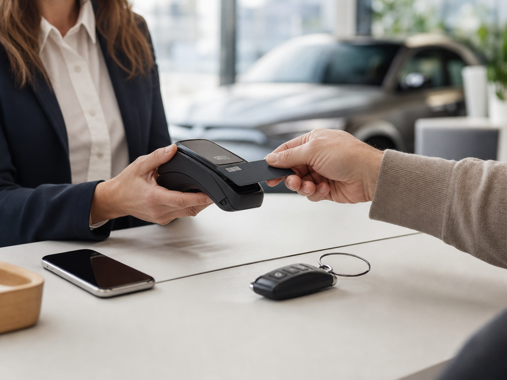 Hand tapping a credit card at a clean rental car pickup counter
