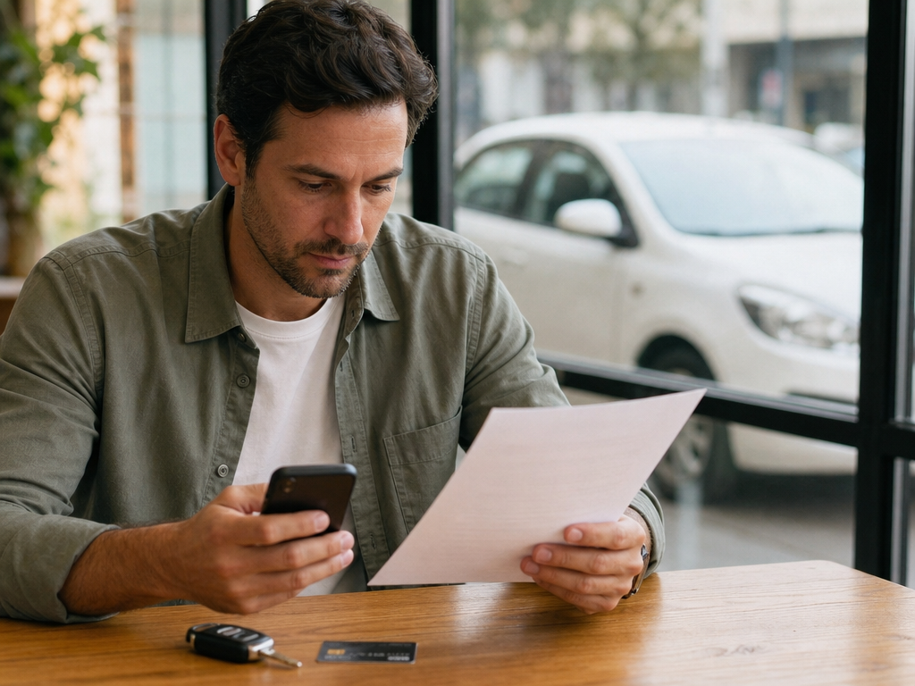Traveler reviewing a rental agreement and smartphone with a credit card on the table