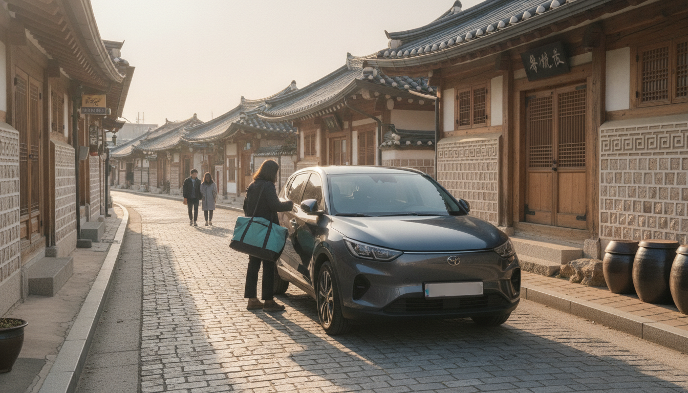 Coche de alquiler cerca de calles tradicionales para una ruta por Gyeongju