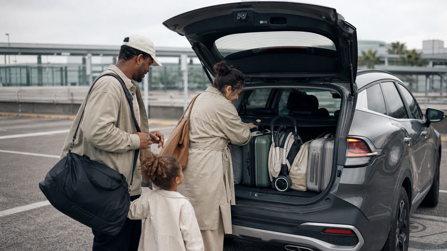 Family loading suitcases and a stroller into a Jeju rental car