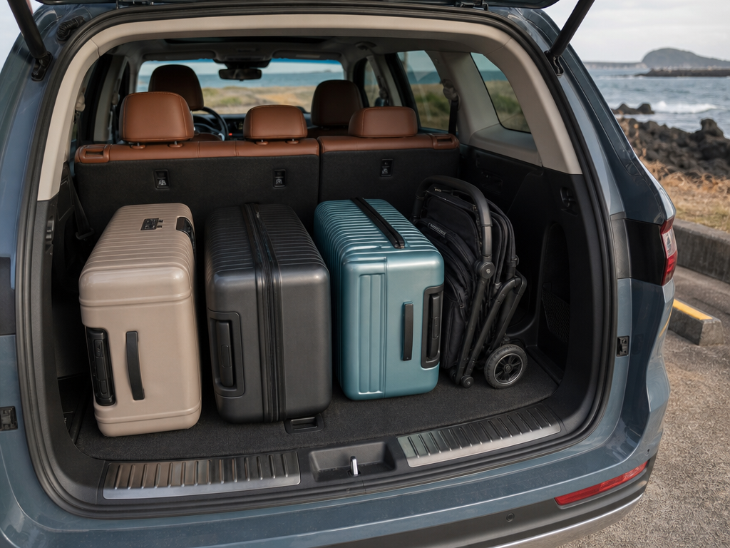 Suitcases and a stroller arranged in a seven-seat SUV cargo area