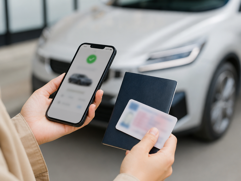 Pasaporte, permiso de conducir y teléfono preparados para una recogida sin contacto