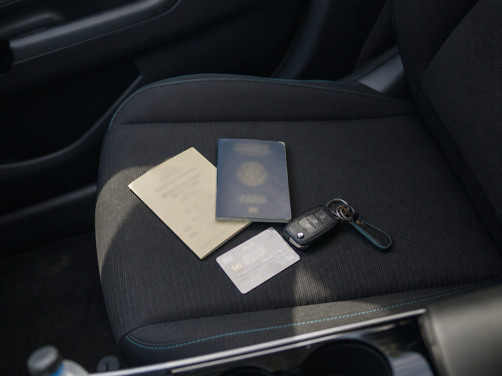 Passport, international driving permit, card and rental car keys ready for a Korea rental car IDP check