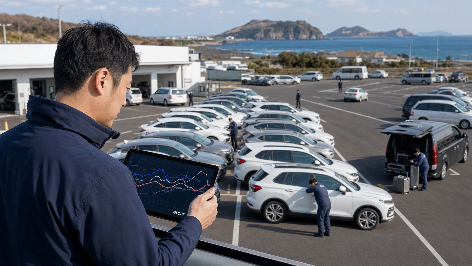 Flota de alquiler de Jeju y responsable consultando la capacidad en una tableta